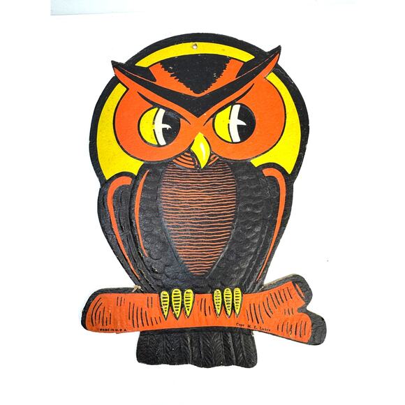 1920/30s H.E. Luhrs Co Cardboard Embossed OWL Halloween Wall Hanging Decoration - Picture 1 of 4